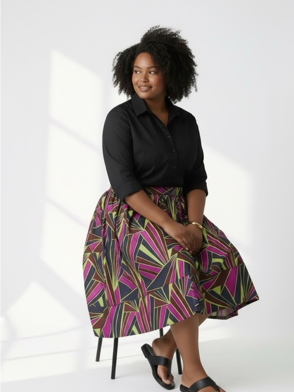 DKNY Silk Pleated Geometric Print Midi Skirt in Black, Magenta & Green